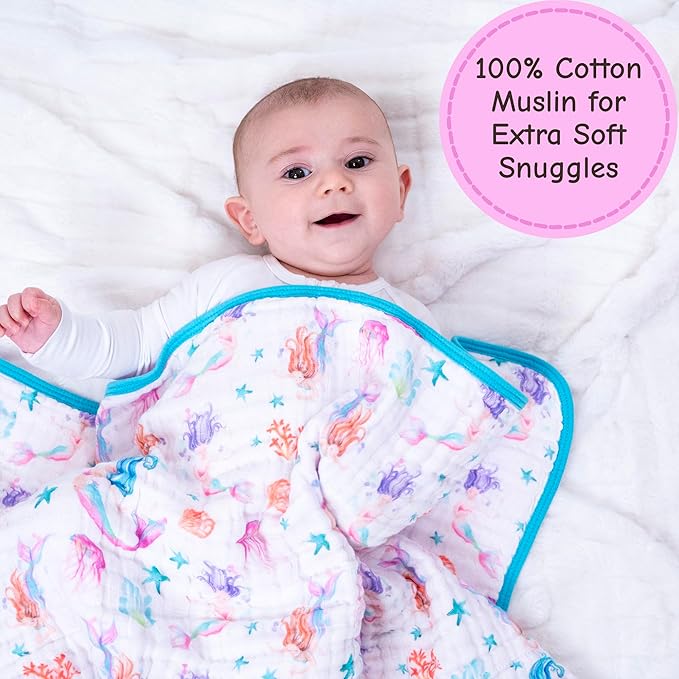 LollyBanks Muslin Baby Quilt, 6-Layer 100% Organic Cotton Baby Blanket for Girls, Soft and Breathable Toddler Quilt, Lightweight Infant Blanket for Crib or Stroller, Newborn Essentials (Mermaid Print)