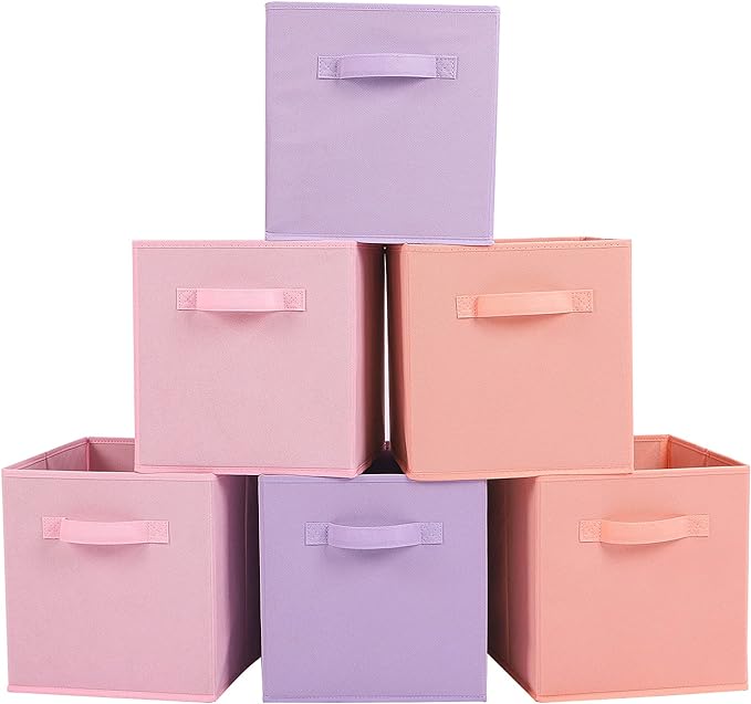 Stero 13x13x13 Inch Fabric Storage Bins 6 Pack Fun Colored Durable Storage Cubes with Handles Foldable Cube Baskets for Home, Kids Room, Closet and Toys Organization Purple, Pink, peachpuff