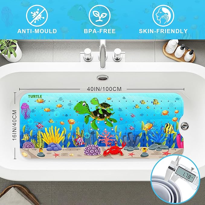 Upgrade Cartoon Baby Bath Mat Non Slip - 40"x16" Extra Long Bathtub Mat for Baby Eco Friendly Durable Bath Mat for Tub Non Slip Kids Tub Mat with Suction Cups, Machine Washable and No Fading, Turtle