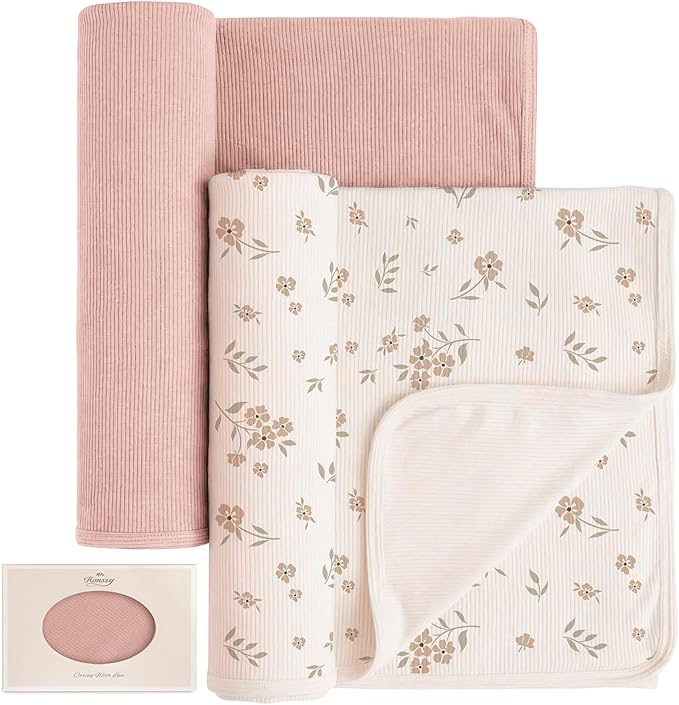 Konssy Knit Baby Blanket 2 Pack, Soft Ribbed Swaddle Receiving Blankets for Boys & Girls, Lightweight Cozy Swaddling Wrap for Newborns, Infants, & Toddlers, 33x42 Inch (Blossom,Pink)