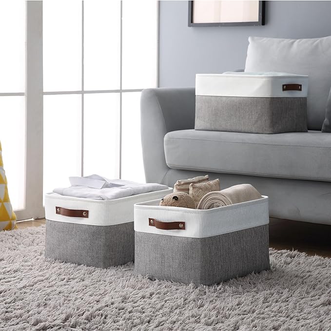 DECOMOMO Storage Baskets for Shelves - Fabric Storage Bins, Linen Closet Organizers and Storage (Grey & White, XL - 4 Pack)