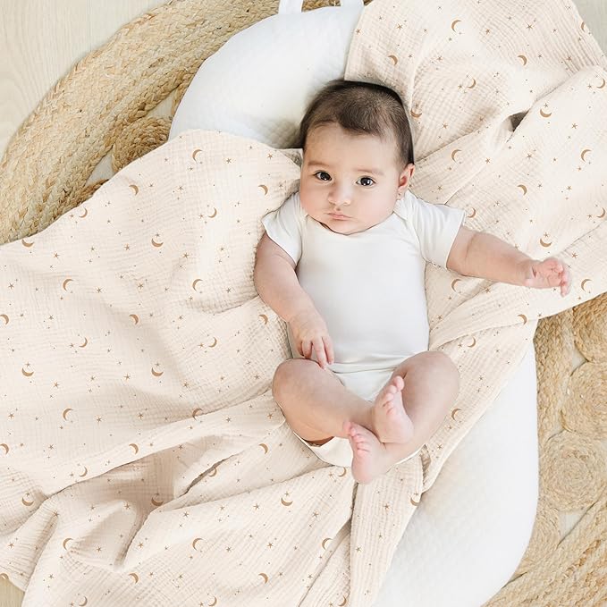 Konssy Muslin Swaddle Blankets for Girls Boys 2 Pack, 100% Cotton Receiving Baby Blanket Large 47 x 47 inches, Soft Breathable Swaddling Wrap for Unisex Newborn (Coffee Check,Moon)