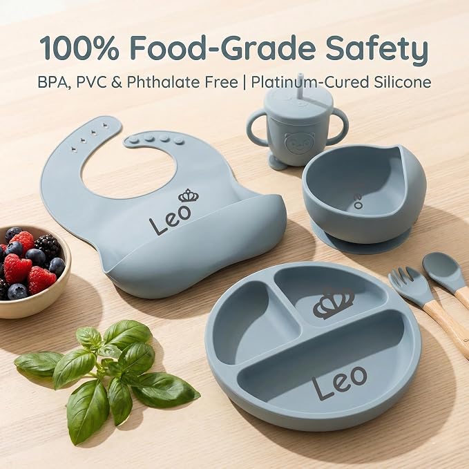 Personalized Silicone Baby Feeding Set with Engraved Name - Custom Baby Bib, Suction Plate, Bowl and Spoon - Silicone Weaning Set - Ideal First Birthday