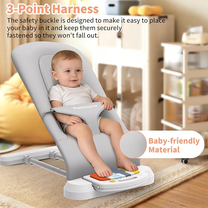 Baby Bouncer Seat, 3-Speed Adjustable Height Baby Bouncer Seat, 4-in-1 Bouncer Seat for Babies 0-6 Months, Detachable Piano Pedals, Feeding Tray