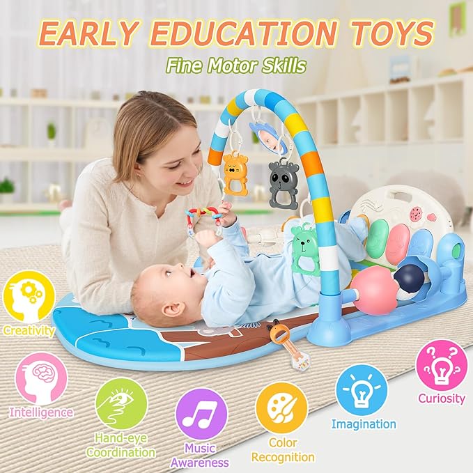 Baby Play Mat with Kick and Play Piano Gym, Funny Tummy Time Mat with Music and Lights, Baby Gyms & Playmats with 5 Infant Sensory Toys, Newborn Boy & Girl Gifts Months (Blue)