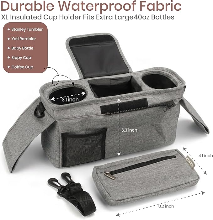 Gray Universal Stroller Organizer with 2 Insulated Cup Holders, 3-in-1 Stroller Caddy with Detachable Phone Bag & Non-Slip Shoulder Strap, Fits Uppababy, Nuna, Doona, Baby Essentials