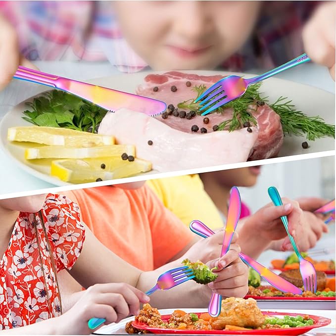 LIANYU 9-Piece Rainbow Kids Silverware Set, Stainless Steel Toddler Utensils Flatware Set, Child Cutlery Tableware for 3, Include knife Fork Spoon, Mirror Finished, Dishwasher Safe