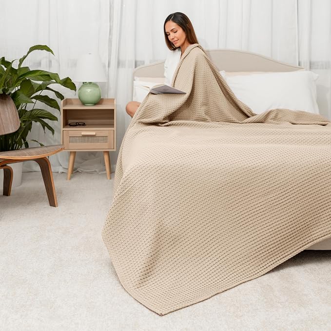 Comfy Cubs 100% Cotton Waffle Weave Throw Blanket Breathable Skin-Friendly Soft Lightweight Blankets - Perfect Warm Textured Blanket Layer - Size for Couch Bed & Sofa (Sand, 50" X 60")