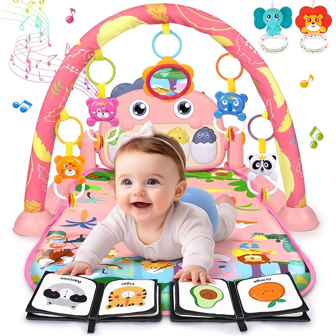 UMIKU Baby Play Mat Baby Tummy Time Mat Infant Newborn Musical Activity Center with High-Contrast Piano Music & Light Newborn Babies Gift for Girl Boy Babies 0-6 6-12 Month Pink Dinosaur