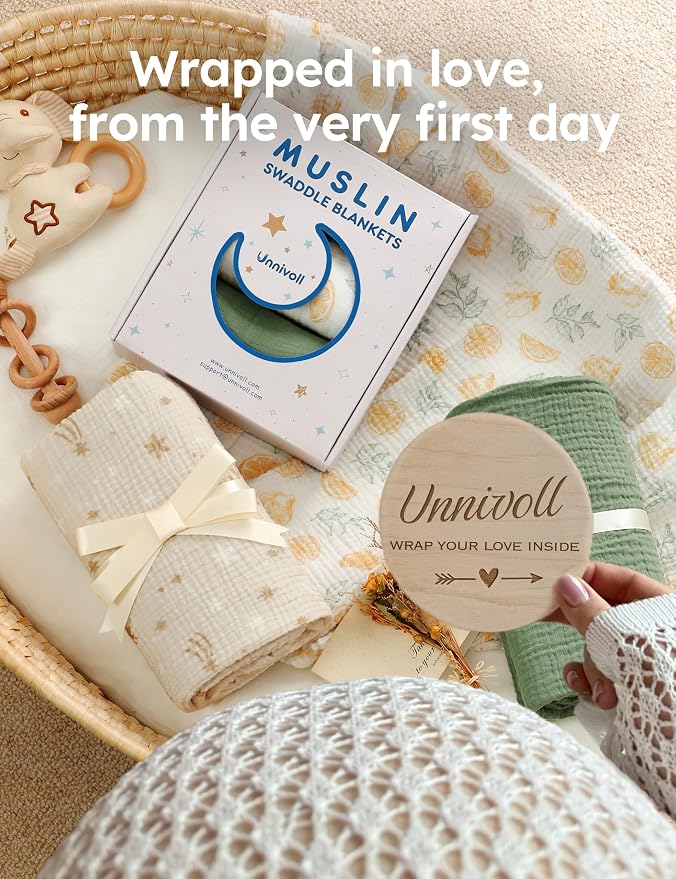 Unnivoll Muslin Swaddle Blankets for Newborns, 100% Cotton Receiving Blankets, Large 38 x 40 inches Baby Swaddle Blanket for Baby Boys and Girls, Soft Breathable Infant Baby Essentials 3 Pack Green