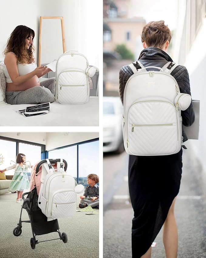 LOVEVOOK Leather Diaper Bag Backpack, Quilted Baby Bag with Changing Pad & Pacifier Holder, Waterproof Travel Diaper Bags for Baby Boys Girls, Stylish and Large Capacity, Beige