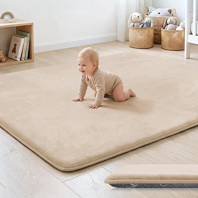 1.3" Thick Baby Floor Play Mat 79x118, Basic Padded Foam Mat for Tummy Time Crawling, Non Slip Cushioned for Babies Toddlers Infants Kids (Beige)
