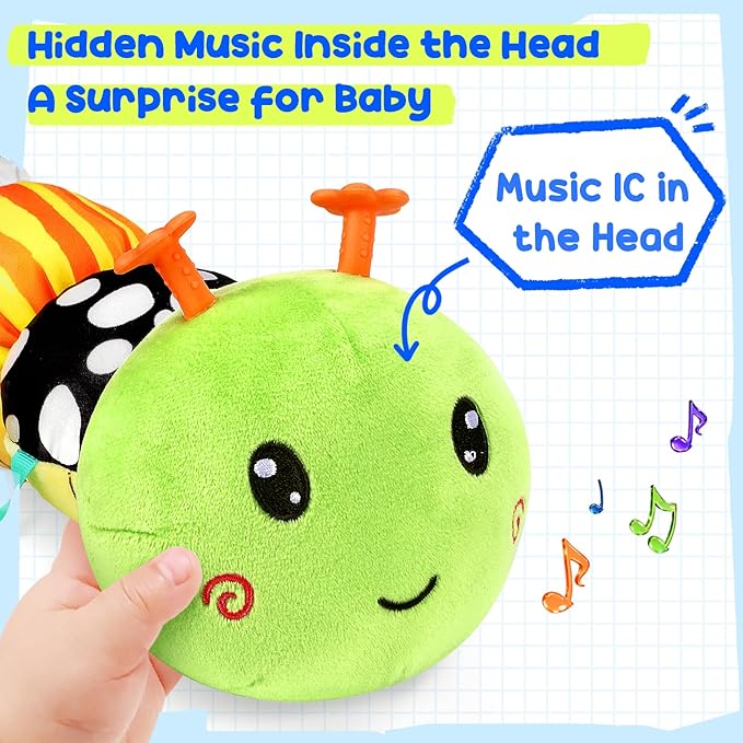 Baby Stuffed Caterpillar Toys for 0-6 6-12 Months, Musical Animal Sensory Toys for Infant 3 6 9 12 18 Months, Tummy Time Toys with Mirror Rattle Crinkle for Newborn Boys Girls Shower Gifts