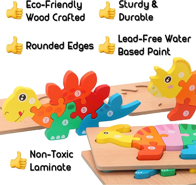 MONTESSORI MAMA Toddler Puzzles for Kids Ages 3-5 Dinosaur Puzzle 5-Pack, Montessori Toys for 3 Year Olds, Toddler Toys Age 3-4 Gifts for 3 Year Old Boys Girls, Wooden Puzzles for Toddlers