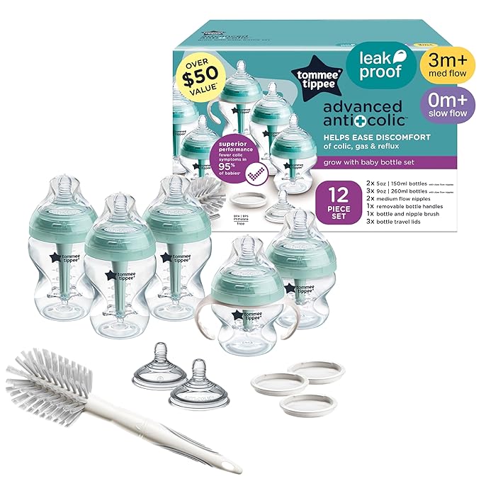 Tommee Tippee Advanced Anti-Colic 12 Piece Set, 5 oz and 9 oz BPA Free Bottles, Newborn 0+ Months, Includes Slow & Medium-Flow Breast-Like Nipples and Bottle Handles and Cleaning Brush