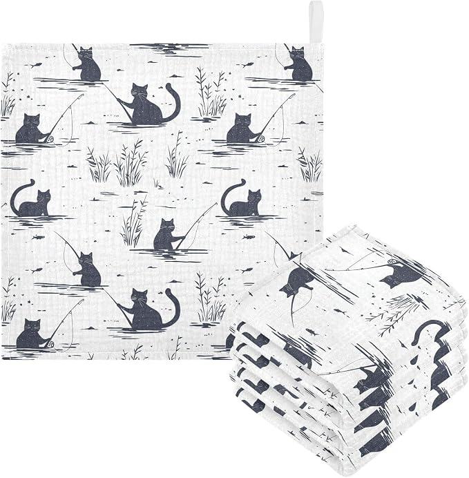 vvfelixl Cat Fishing Baby Burp Cloths Baby Muslin Washcloths for Boys Girls Cotton Babys Face Towel for Newborn Infants Soft and Absorbent 11.8 X 11.8 in, 5 Pack