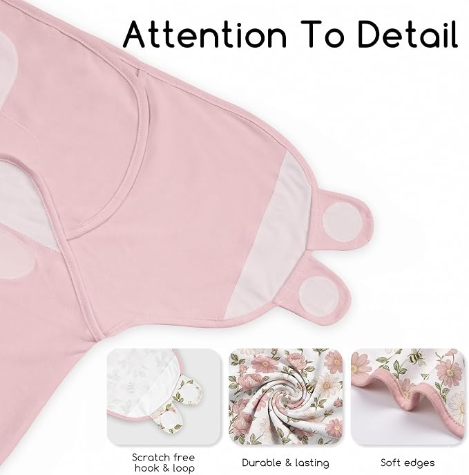 Baby Swaddles for Newborn Organic Cotton, Soft & Snug Newborn Velcro Swaddle 0-3 Months Sleep Sack Helps Calm Startle Reflex, 2-Pack Wrap Nursery Swaddling Bloom Floral