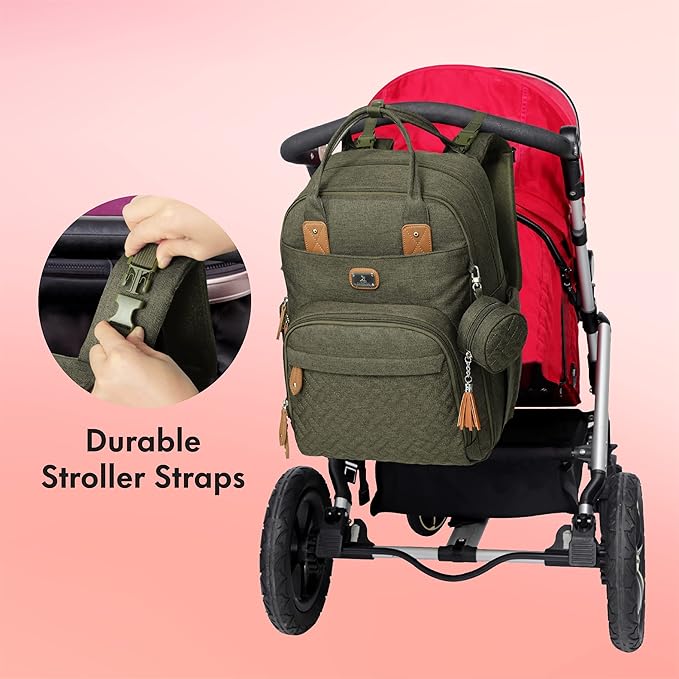 Dikaslon Diaper Bag Backpack with Portable Changing Pad, Pacifier Case and Stroller Straps, Large Unisex Baby Bags for Boys Girls, Multipurpose Travel Back Pack for Moms Dads, Army Green