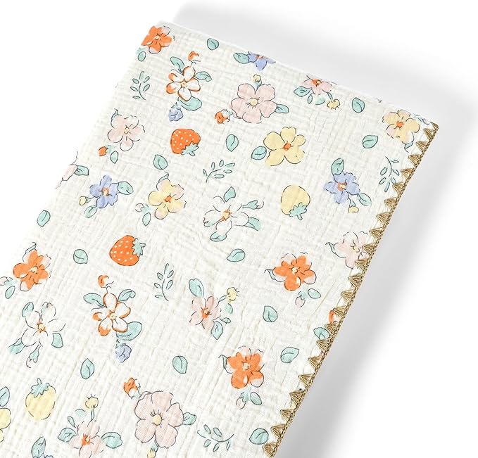 Baby Blanket 40x40 Inches,Muslin Cotton and Minky Dotted Double Layer Soft Receiving Blanket for Newborn Toddler,Strawberry Flower