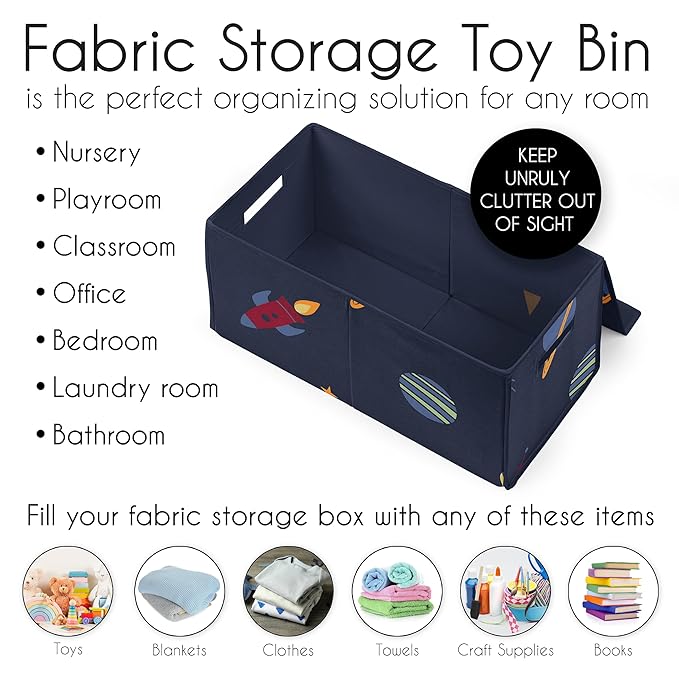 Sweet Jojo Designs Space Galaxy Planets Boy Small Fabric Toy Bin Storage Box Chest For Baby Nursery or Kids Room - Navy Blue Star and Moon Rocket Ship