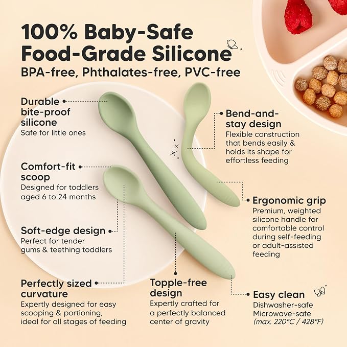 KeaBabies 3-Pack Silicone Baby Spoons and 2-Pack Baby Bowls with Suctions, Lids - Toddler First Food Training Spoon - Silicone Suction Bowls for Boy, Girl