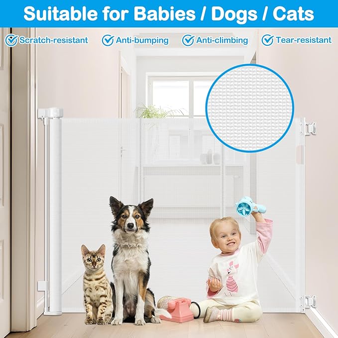 42 Inch Extra Tall Retractable Baby Gates with Reinforced Strips 55 Inch Wide Outdoor Retractable Dog Gate No Sag Extra Tall Baby Gate for Doorway Anti-Scratch Mesh Gates for Kids or Pets, White