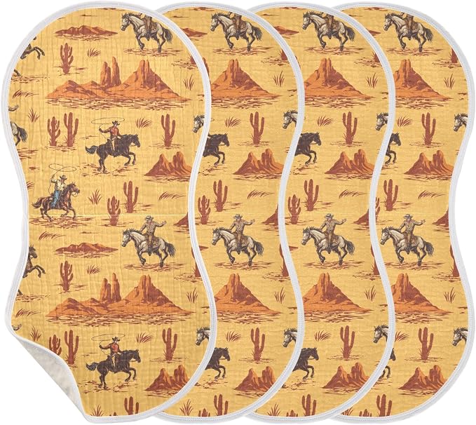 Muslin Burp Cloths for Baby Boys and Girls - 4-Pack Ultra Absorbent Western Desert Cowboy Muslin Washcloths, Newborn Towel, Milk Spit Up Rags, Burp Cloth Bib for Unisex, 22 x 11 Inch