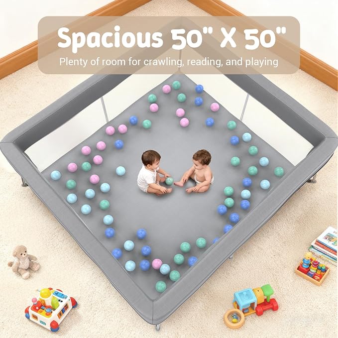 Foldable Baby Playpen, 50"×50" Collapsible Play Yard for Babies and Toddlers, No Assembly Required, Kids Safety Play Area with 4 Handles, 50 Balls and Visible Mesh, (Grey, 50x50 Inch)