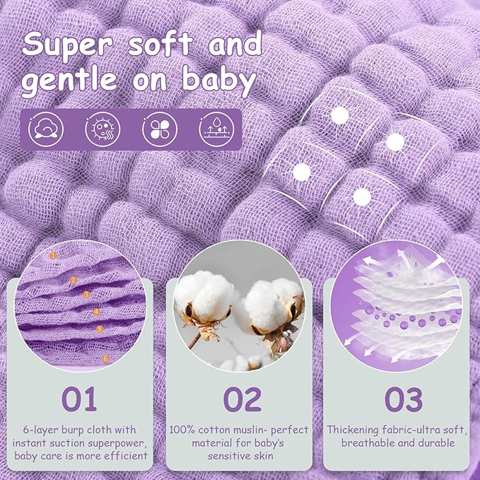 Looxii Muslin Burp Cloths 100% Cotton Muslin Cloths Large 20''x10'' Extra Soft and Absorbent 6 Pack Baby Burping Cloth for Boys and Girls (Purple)