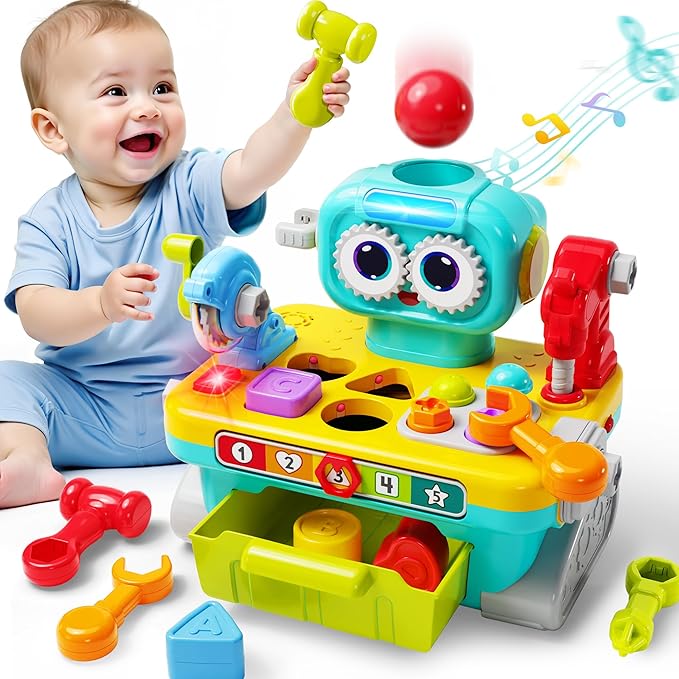 iPlay, iLearn Toddler Musical Workbench Toys for One Year Old Boys, Baby Pretend Play Tool Set, Infant Shape Sorter Activities, Kids Pounding Game, 1st Birthday Gift for 12 18 24 Month Girls Age 1 2 3