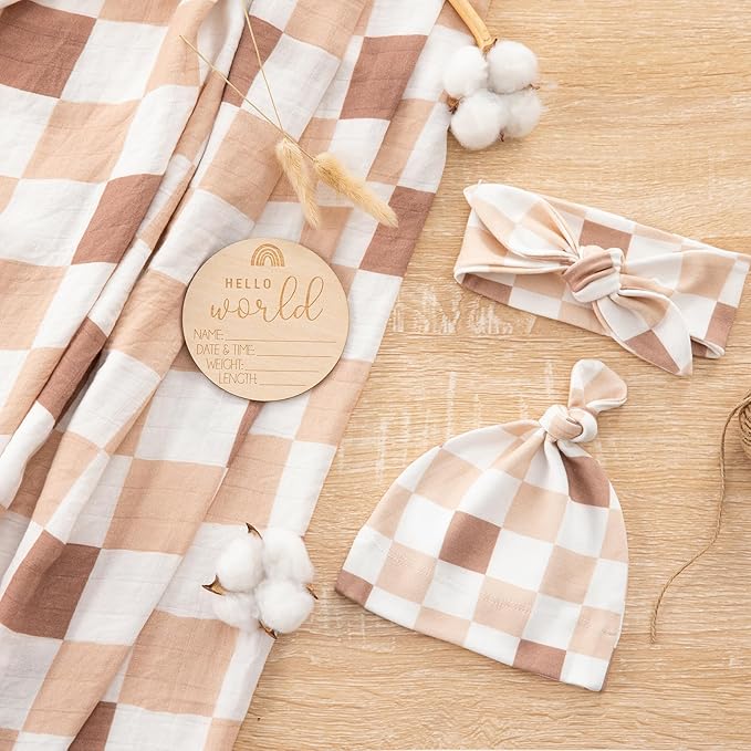 BabyWhale Muslin Swaddle Blanket with Hat and Headband Bow, Checkered Pattern Swaddle Set for Baby Boys ï¼?Girls, Unisex Newborn Soft Receiving Swaddle Wrap, 47x47 inches