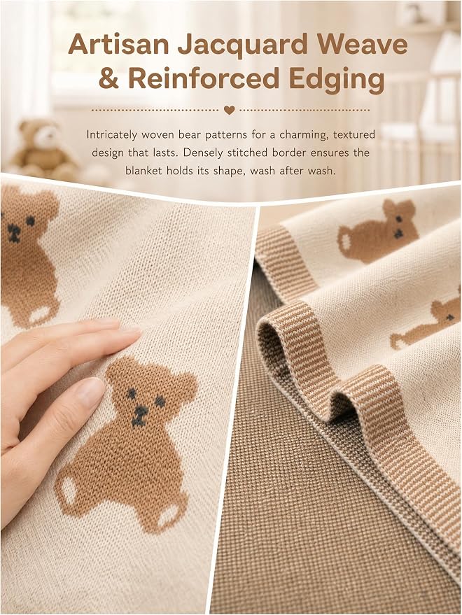 Organic Cotton Baby Blanket - Soft Luxury Knit Receiving Blanket for Newborns & Toddlers, Cozy Breathable Stroller Blanket with Pattern, Unisex, 30x40Inch（Bear-Khaki）