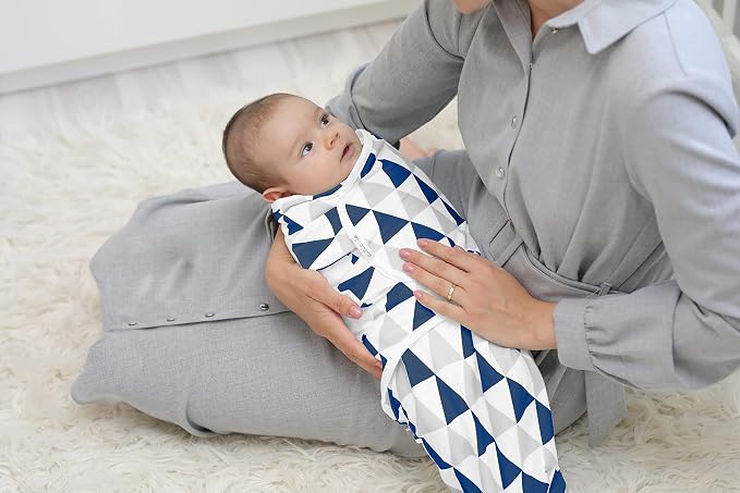 BaeBae Goods Swaddle Blanket, Adjustable Infant Baby Swaddling Wrap Set of 4, Baby Swaddling Wrap Blankets for Boys and Girls Made in Soft Cotton (Navy/Grey Triangles, 0-3 Months)