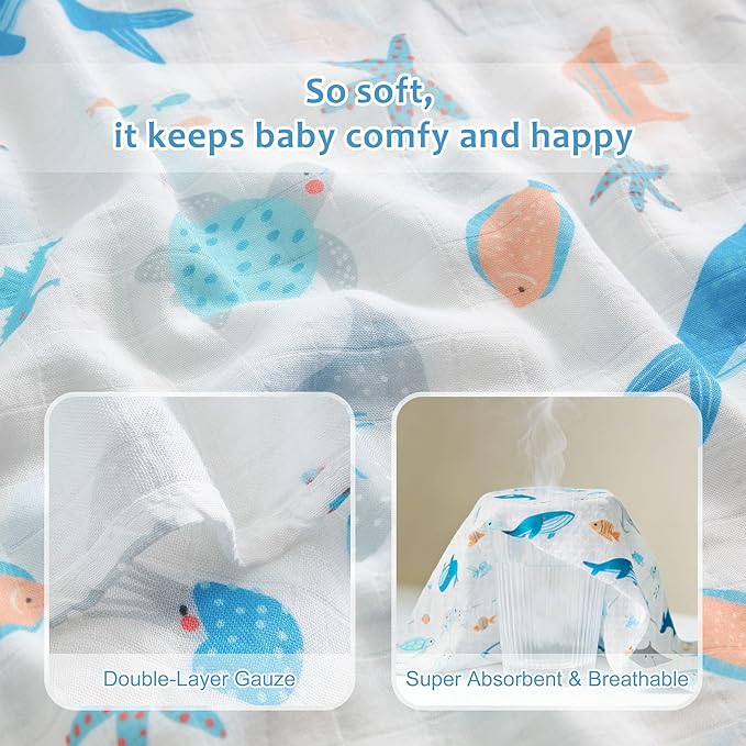 Muslin Swaddle Blankets for Newborn, 4 Pack Large 47"x47" Soft Breathable Bamboo Cotton Baby Blanket, Lightweight Receiving Blanket for Boys and Girls, Ocean Friends