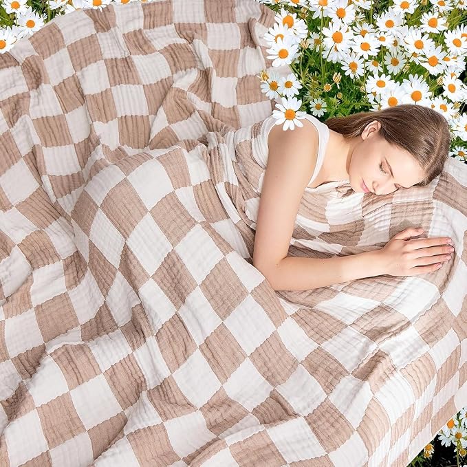 EMME Cooling Muslin Twin Blanket - Checkered Lightweight Summer Cotton Blankets of Rayon Derived from Bamboo for Hot Sleepers, Ultra Soft Breathable All Season Gauze