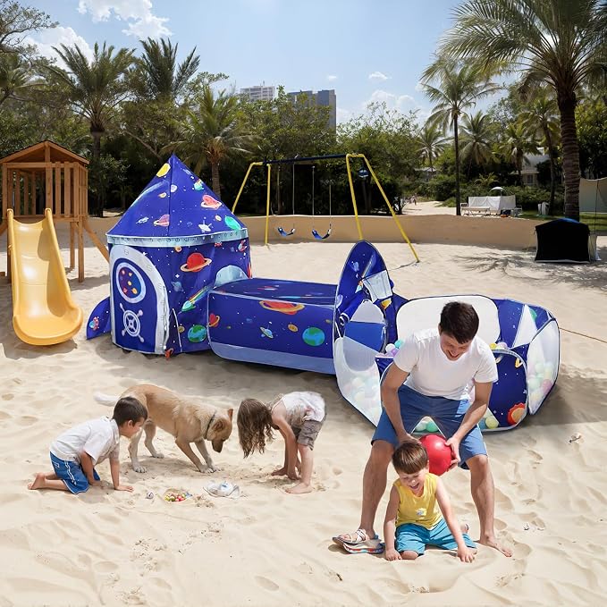 Gift 3pc Rocket Ship Kids Play Tent, Ball Pit, Crawl Tunnel, Toddlers Playhouse Castle Toys, Baby Boys Girls Gift for 3 4 5 6 7 Year Old, Outdoor Indoor(Balls Not Included)