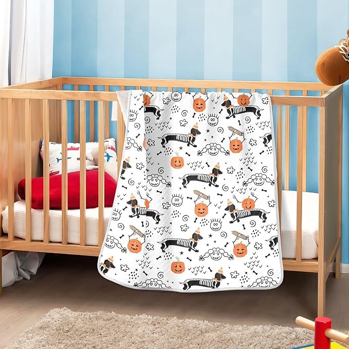 Ollabaky Halloween Dog Dachshund Skeleton Baby Blanket for Boys Girls Cotton Throw Blanket Swaddle Blanket for Crib Stroller Nursery Receiving Blanket Infant Toddler Unisex 30"x40"