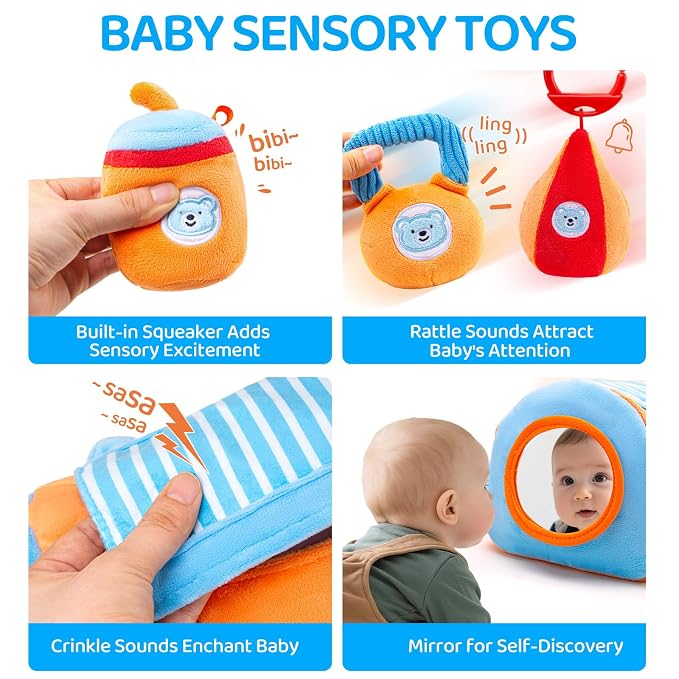 Baby Toys 3-6-12 Months Sensory Toy for Babies Workout Dumbbell Weights Toy Set with Rattles,Crinkle,Mirror & Teether,Montessori Toys for 6 Month Old Infant Baby Girl Boy Gifts