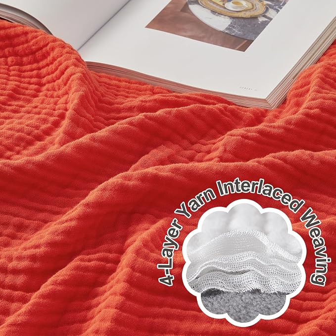 EMME Cotton Throw Blanket - 4-Layer 100% Muslin Soft, Breathable Gauze - All Season, Lightweight - Pre-Washed - Orange Rust, 50"x71"