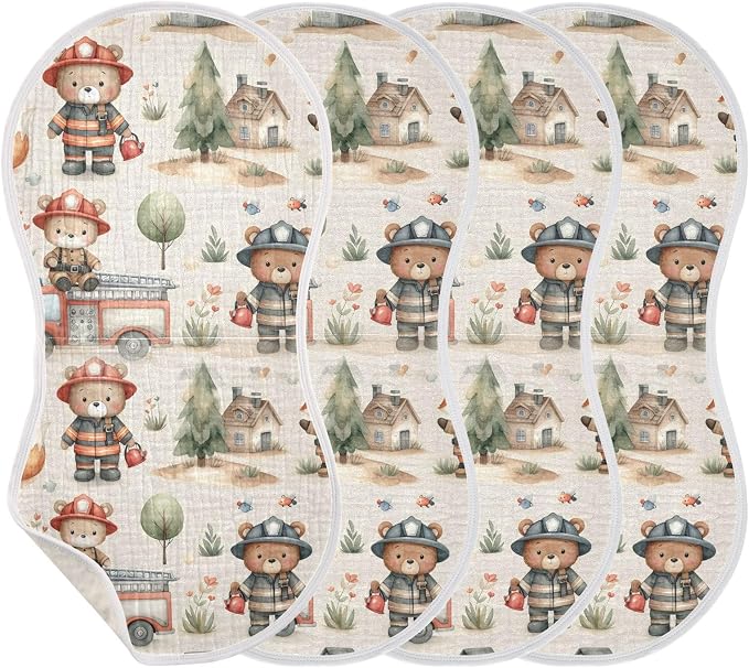 Muslin Baby Burp Cloths Set of 2, Soft Absorbent Cute Fireman Bear Cotton Burping Cloth, Milk Spit Up Rags for Newborn Unisex, 22 x 11 Inch