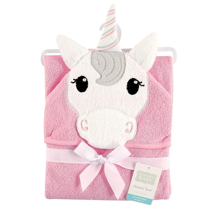 Hudson Baby Unisex Baby Cotton Animal Face Hooded Towel, Unicorn, One Size