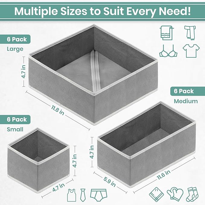 RFAQK 18 Pack Drawer Organizer Clothes-3 Sizes Dresser Organizer for Underwear Closet, Baby Clothes Organizer for Wardrobe-Foldable Fabric Drawer Dividers for Bedroom,Lingerie,Undies,Bra-Grey