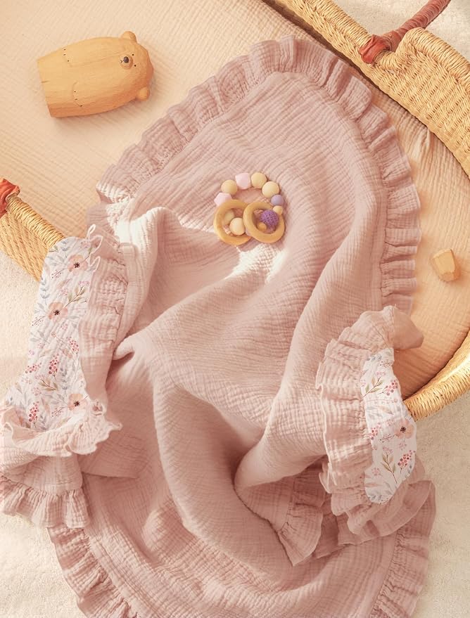 lulumoon Muslin Baby Blanket for Girls: Soft Breathable Cotton Crib Blanket with Ruffle - Floral Print Lightweight Receiving for Wrap Newborn & Nursery Stroller 40"x36"(Pink Flower)