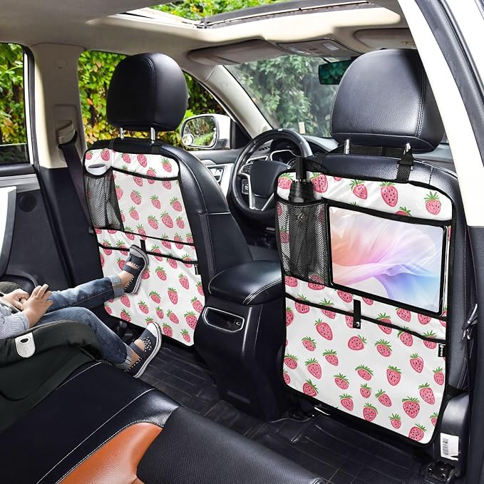 JIPONI Car Backseat Organizer, Small Strawberrys Automotive Back Seat Protector, Kick Mats with Storage Pockets for Kids Pets, Road Trip Accessories