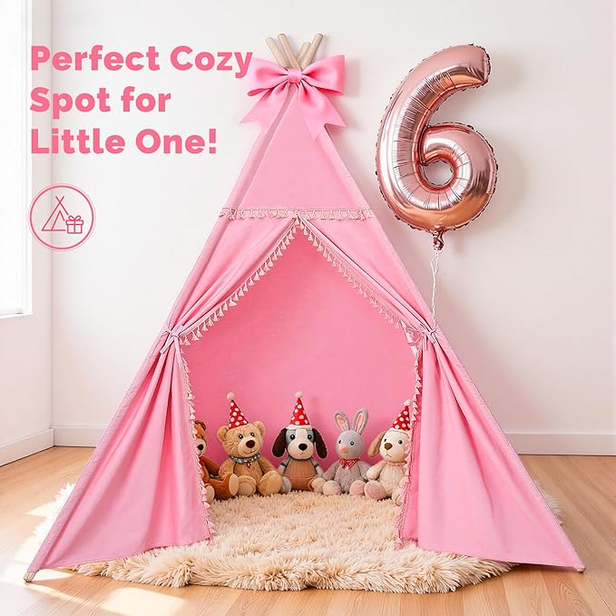 Sumbababy Large Teepee Tent for Adults & Kids, Cotton Canvas Foldable Indoor Tent for Toddlers, Sleepover Gift Toy for Girls & Boys, Washable Slumber Party Tent for Party Decor, Pink