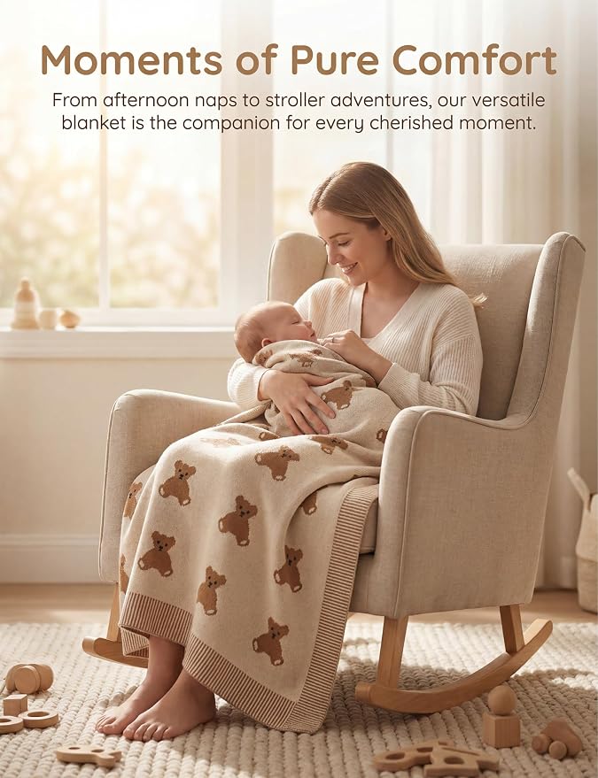 Organic Cotton Baby Blanket - Soft Luxury Knit Receiving Blanket for Newborns & Toddlers, Cozy Breathable Stroller Blanket with Pattern, Unisex, 30x40Inch（Bear-Khaki）