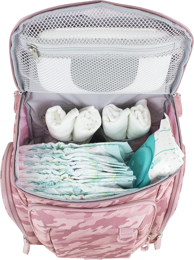 BODHI Baby Tech Top Loader Diaper Bag Backpack with removable changing pad, Unisex, for Moms and Dads - Pink Camo