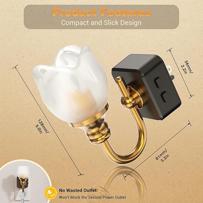 JandCase Night Light, Night Lights Plug into Wall, Glass Tulip LED Nightlight, Color Changing Dimmable Flower Nightlights, Dusk to Dawn Sensor, 180° Rotating Vintage Nite Light for Bathroom Gift Decor