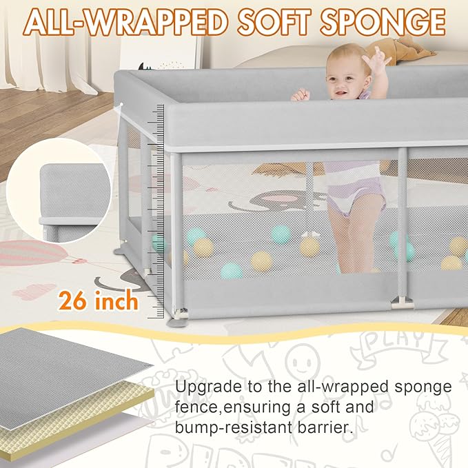 Omzer Baby Playpen with Mat 50x50inch: Large Playpen for Babies and Toddlers Indoor Safety Play Pen with Soft Breathable Mesh - All-Wrapped Sponge Sturdy Play Yard with Stable Magic Sticker