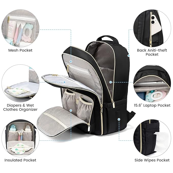 LOVEVOOK Diaper Bag Backpack with 2 Cubes, Quilted Baby Bag with Changing Pad & Pacifier Holder, Waterproof Travel Diaper Bags for Baby Boys Girls, Stylish and Large Capacity,5PCS Set, Black